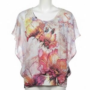 Dressbarn Floral Dolman Top Large L NWT Colorful Bright Pink Orange Blue Flowers